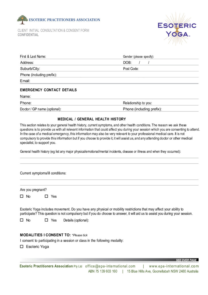 Client Consent Form for Esoteric Yoga – Australia